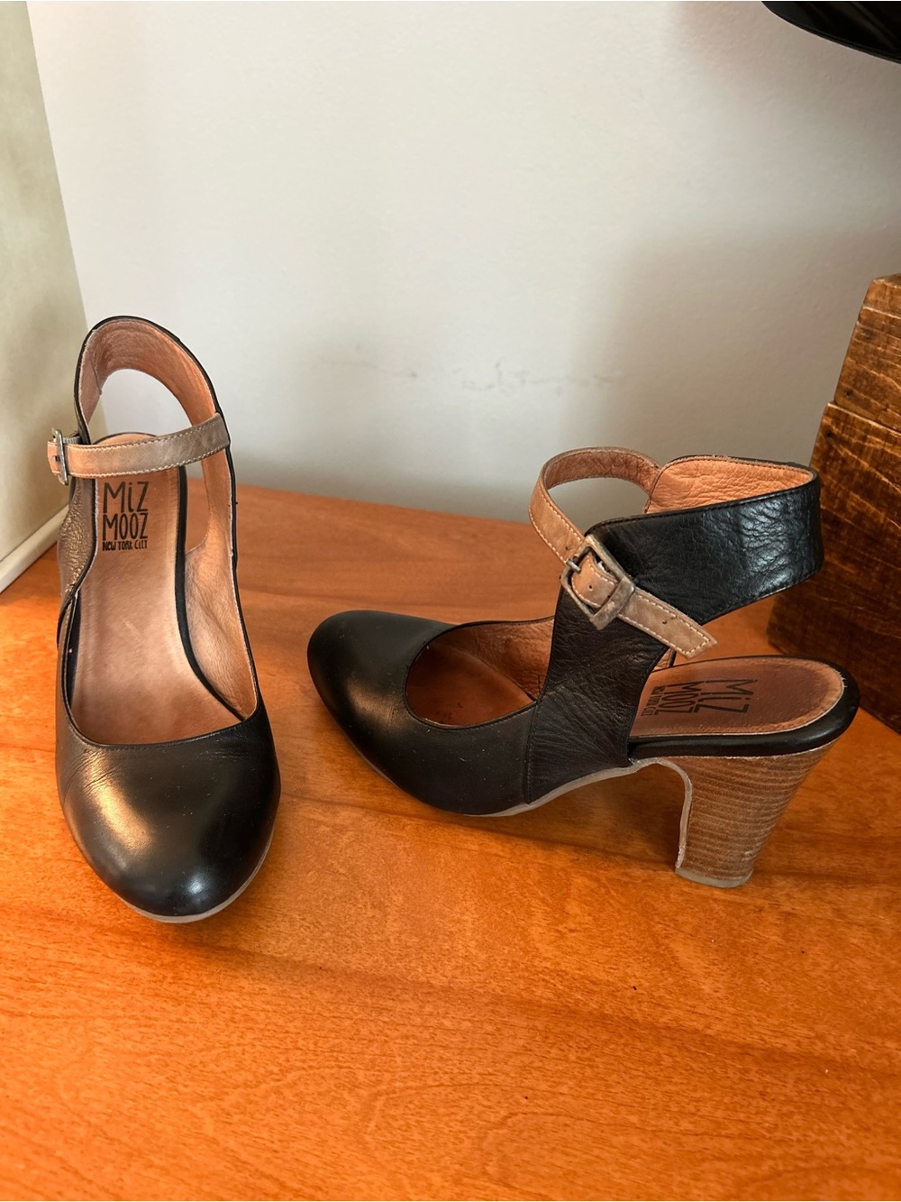 Miz Mooz Black and Tan Leather Ankle-Strap Heels